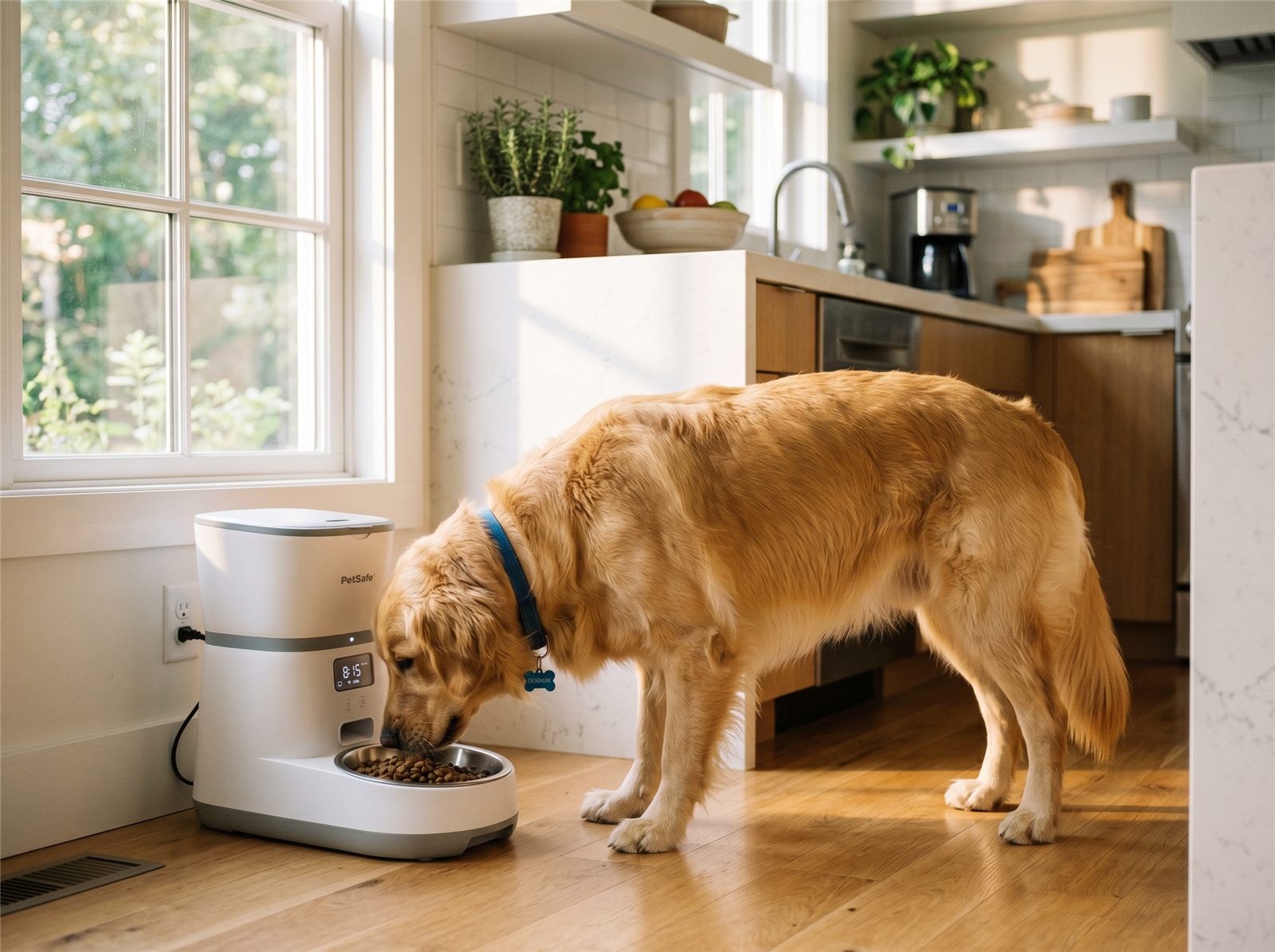 Golden dog feeding scene